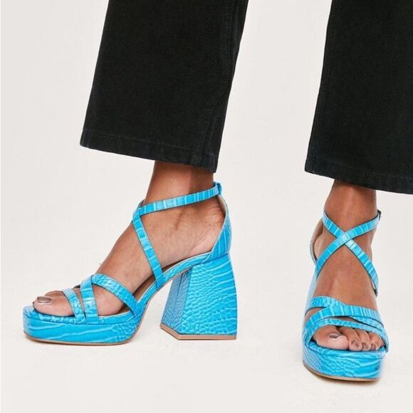 Nasty Gal x Z_code_Z Blue Faux Croc Strappy Chunky Block Heels Size US 8 - Picture 1 of 9